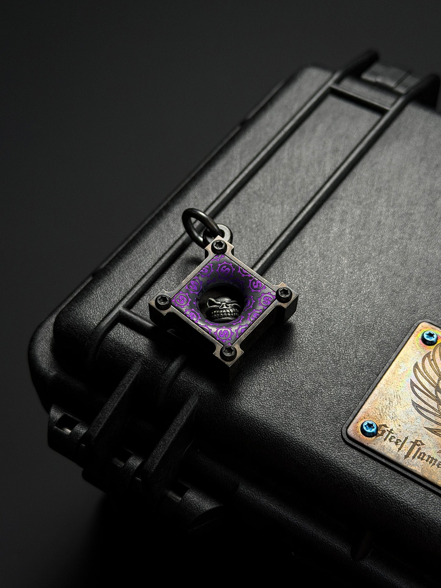 Steel Flame × Starlingear Killbox Collaboration Pendant | Stainless-Steel Body × 3D M-Size 925 Silver Skull | Purple Niobium S-Pattern Background & Dual Signature Engravings