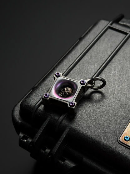 Steel Flame Bronze Warrior Killbox Pendant | Stainless-Steel Body × 3D M-Size Bronze Warrior Skull | Niobium Gradient Purple Background & Winged Warrior Skull Back Engraving