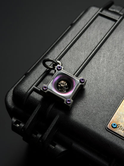 Steel Flame Bronze Warrior Killbox Pendant | Stainless-Steel Body × 3D M-Size Bronze Warrior Skull | Niobium Gradient Purple Background & Winged Warrior Skull Back Engraving
