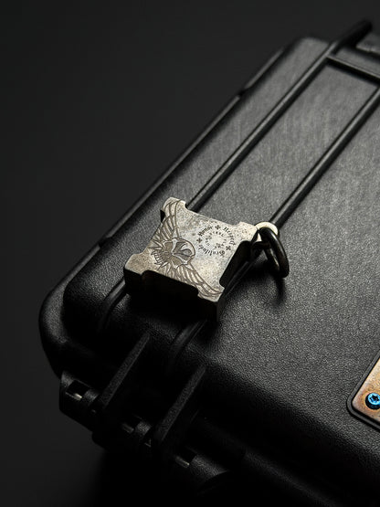 Steel Flame Bronze Warrior Killbox Pendant | Stainless-Steel Body × 3D M-Size Bronze Warrior Skull | Niobium Gradient Purple Background & Winged Warrior Skull Back Engraving