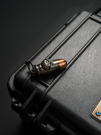 Steel Flame Bullet-Style Waterproof Capsule Pendant | Stainless Steel × Red Copper Body | Inlaid 925 Silver Warrior Skull | Logo Engraved Back