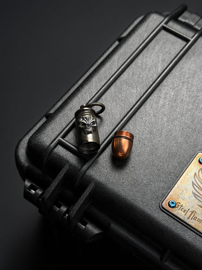 Steel Flame Bullet-Style Waterproof Capsule Pendant | Stainless Steel × Red Copper Body | Inlaid 925 Silver Warrior Skull | Logo Engraved Back