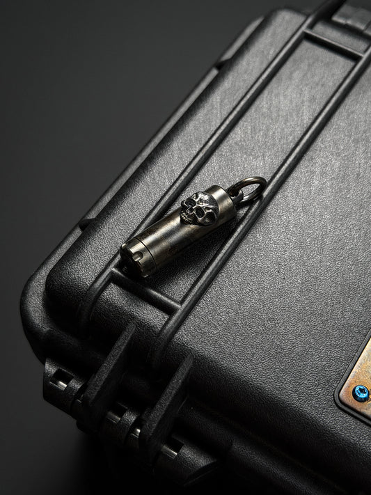 Steel Flame Waterproof Capsule / Pill Chamber Pendant | Stainless-Steel Body with Inlaid 925 Silver Warrior Skull | Bottom Logo Engraving