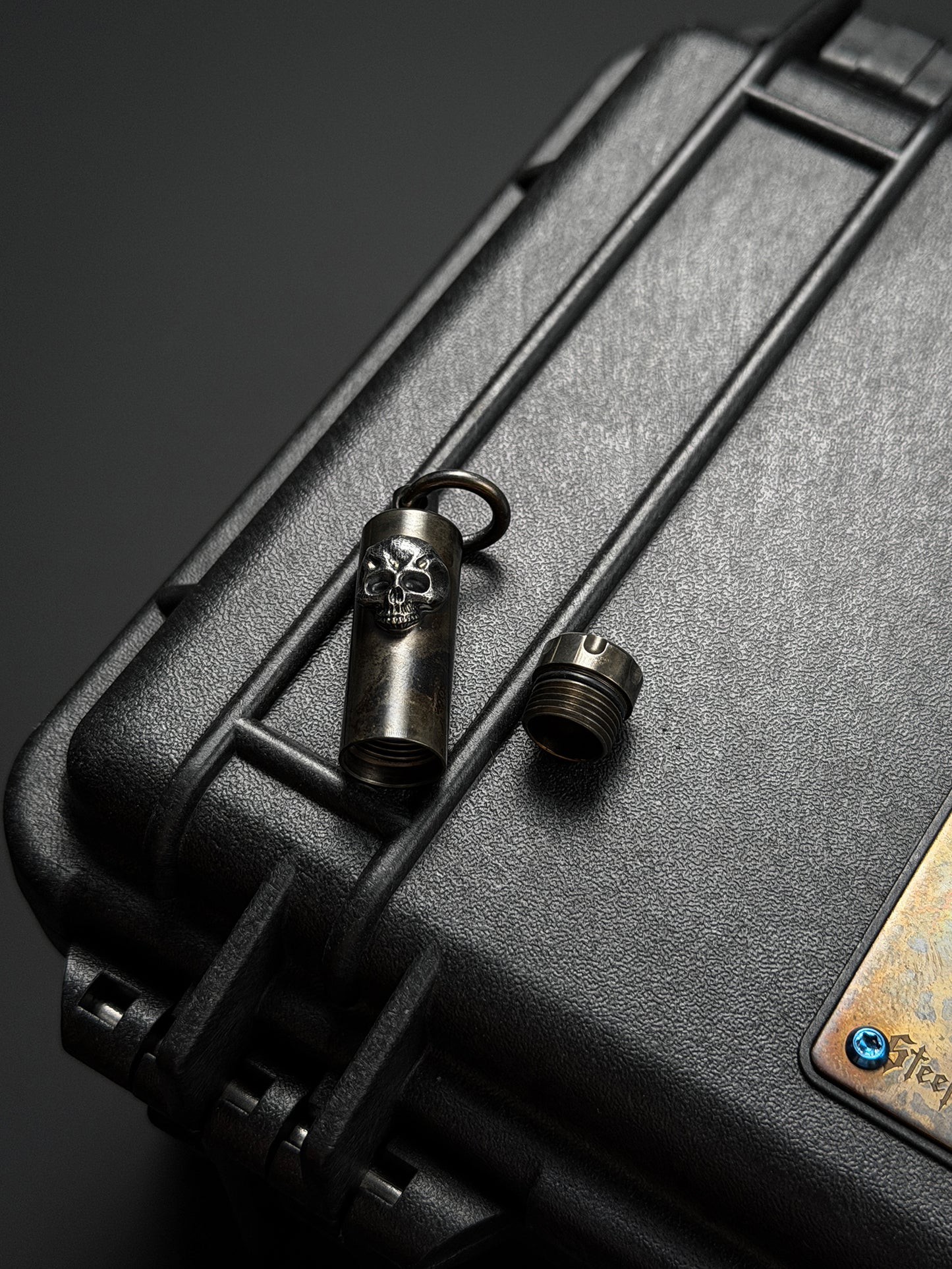 Steel Flame Waterproof Capsule / Pill Chamber Pendant | Stainless-Steel Body with Inlaid 925 Silver Warrior Skull | Bottom Logo Engraving