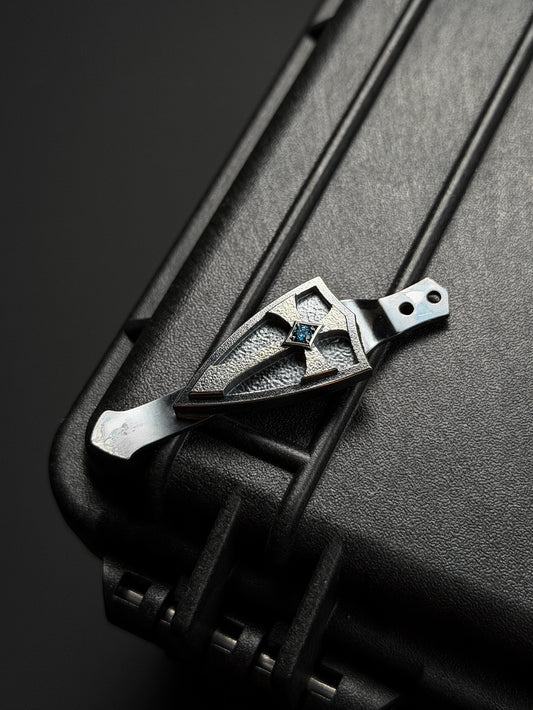 Steel Flame XL Crusader Shield Pendant – 925 Silver with Faceted Blue Gem