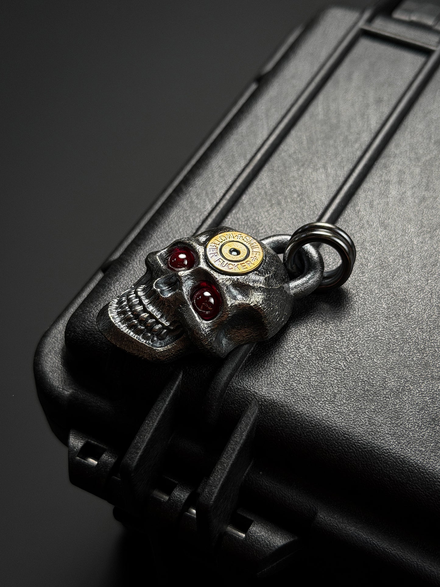 Steel Flame XXXL Dark Skull 925 Silver Pendant with Bronze SMF & Red Eyes