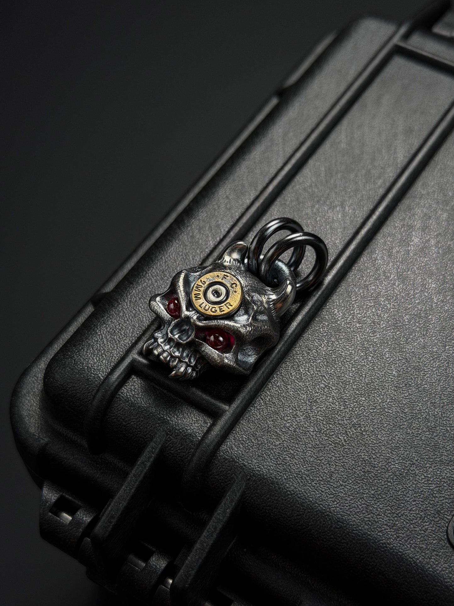 Steel Flame XL Warrior Skull Pendant – 925 Silver with Bronze 9mm & Red Eyes