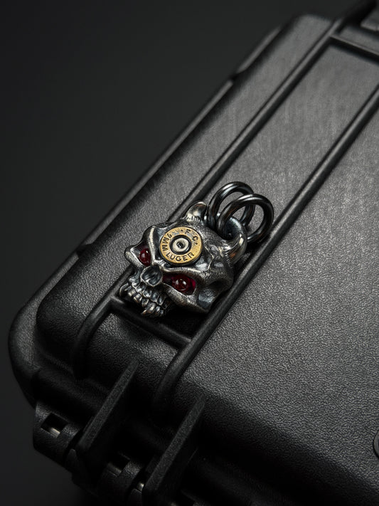 Steel Flame XL Warrior Skull Pendant – 925 Silver with Bronze 9mm & Red Eyes