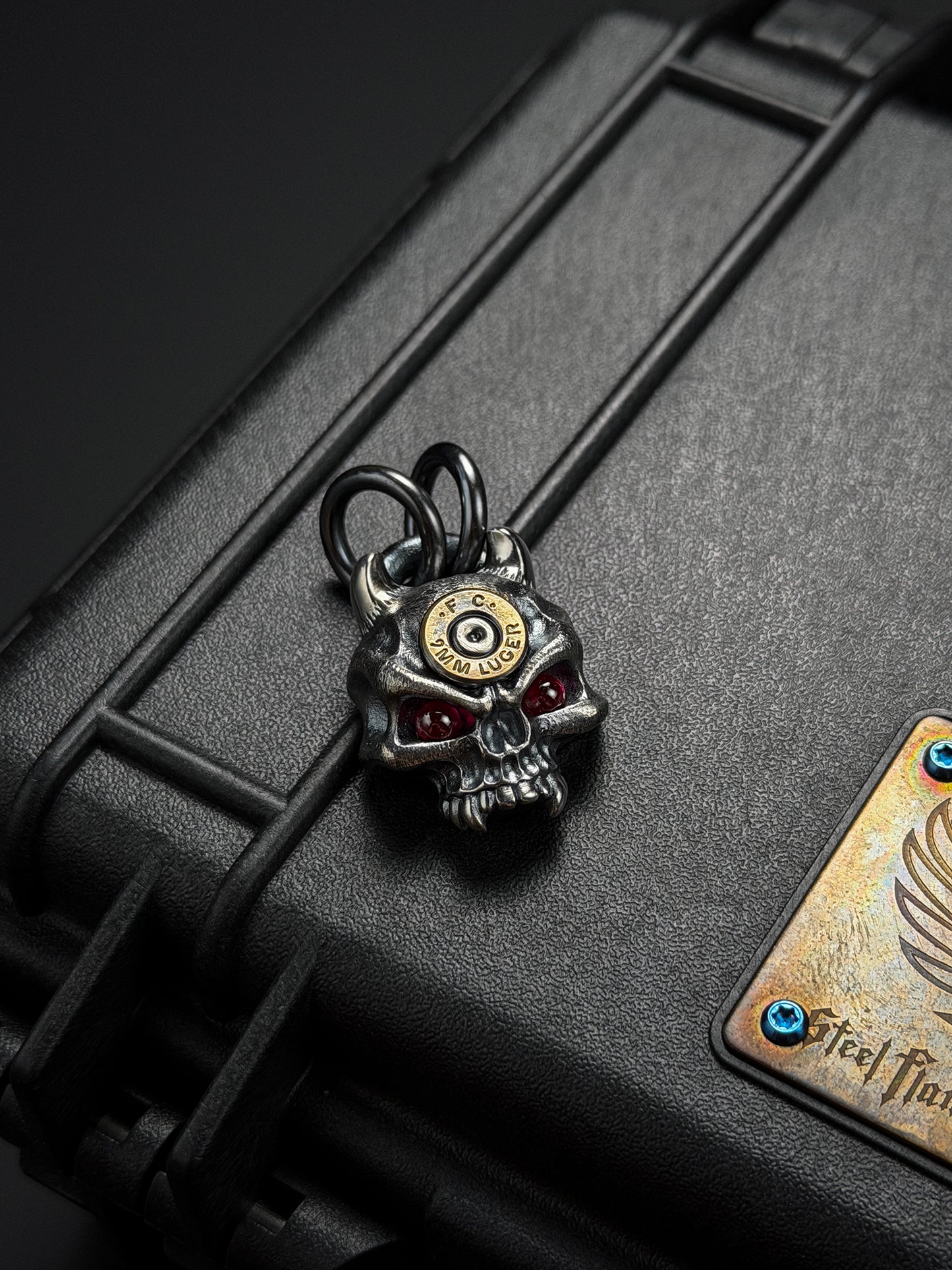 Steel Flame XL Warrior Skull Pendant – 925 Silver with Bronze 9mm & Red Eyes