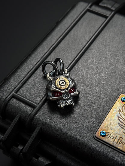Steel Flame XL Warrior Skull Pendant – 925 Silver with Bronze 9mm & Red Eyes