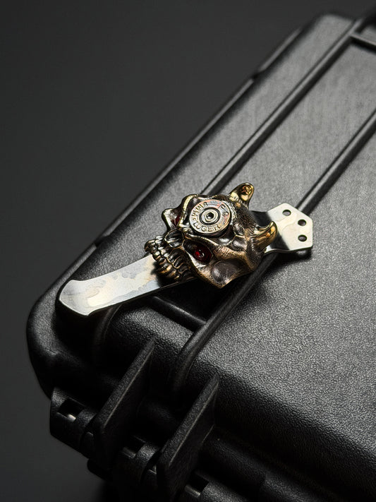 Rare Steel Flame Gem Red Eyes XL Vampire Warrior Skull Bronze with 9MM Inlay 3 Hole Pocket Clip