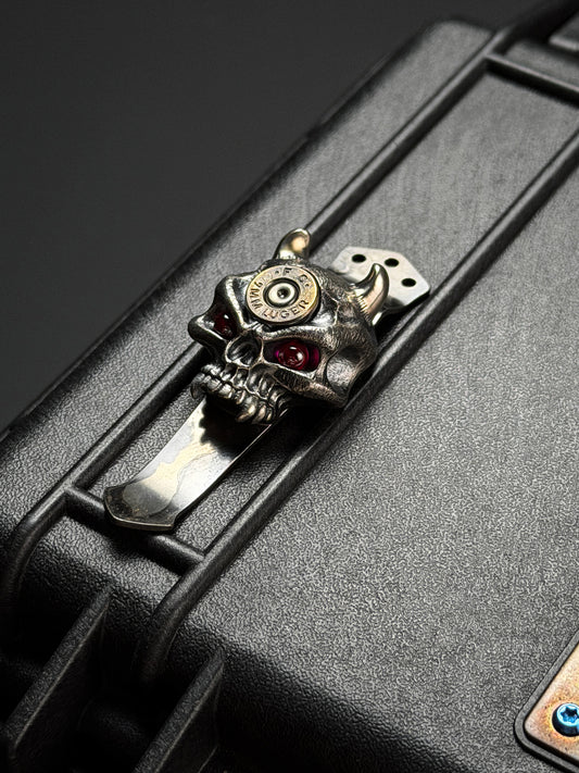 Rare Steel Flame Gem Red Eyes XL Vampire Warrior Skull Silver with 9MM Bronze Inlay 3 Hole Pocket Clip