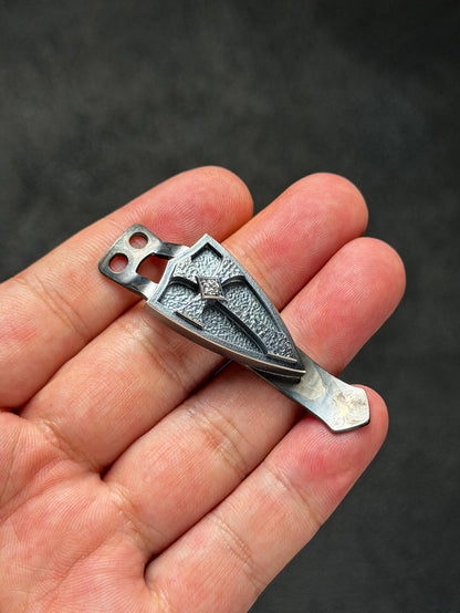 Steel Flame Rare Gem-Set Crusader Silver Shield 3-Hole Back Clip