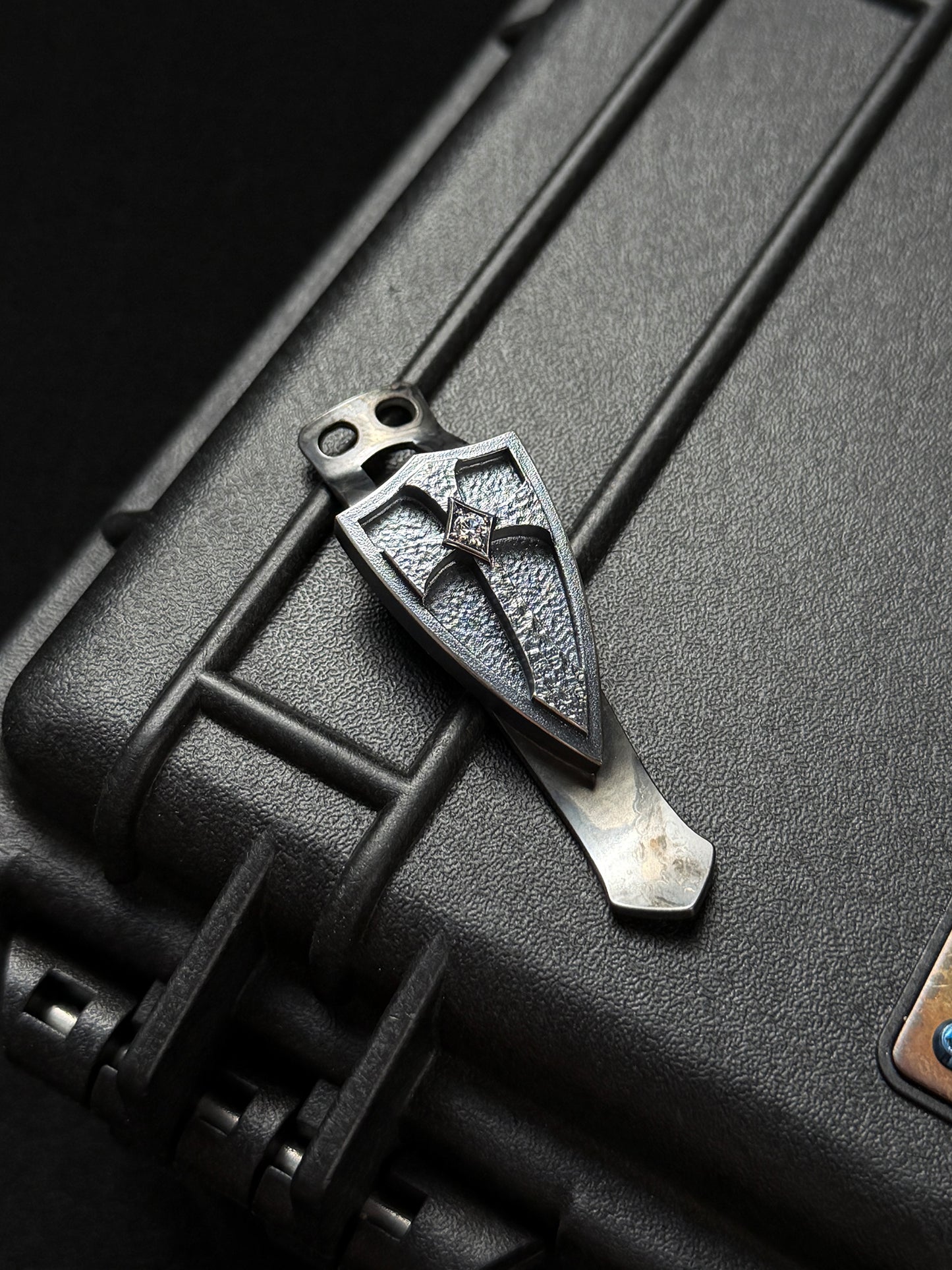 Steel Flame Rare Gem-Set Crusader Silver Shield 3-Hole Back Clip