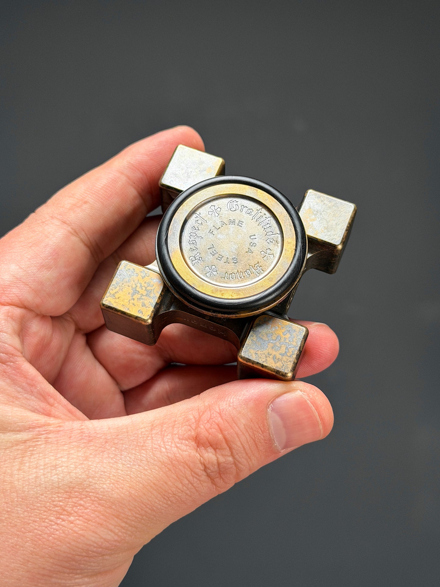 Extremely Rare Steel Flame XXXL EDC Spinner with Five Hammered Sterling Silver Shield Inlays