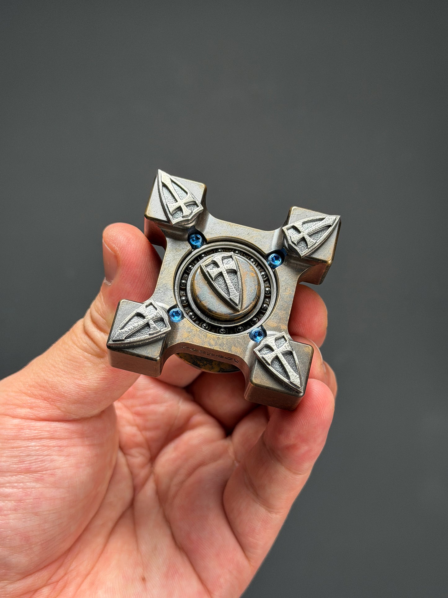 Extremely Rare Steel Flame XXXL EDC Spinner with Five Hammered Sterling Silver Shield Inlays