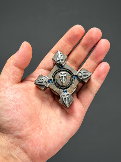Extremely Rare Steel Flame XXXL EDC Spinner with Five Hammered Sterling Silver Shield Inlays