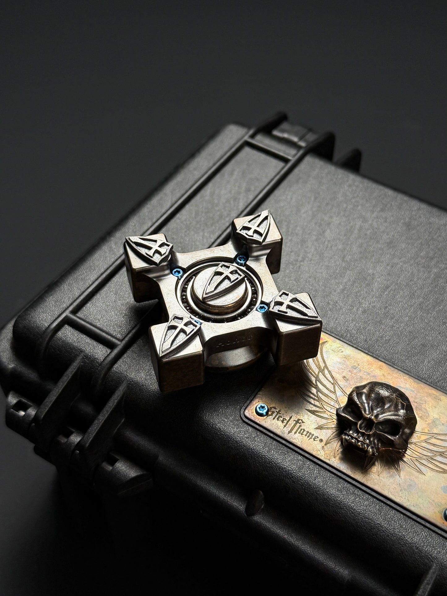 Extremely Rare Steel Flame XXXL EDC Spinner with Five Hammered Sterling Silver Shield Inlays