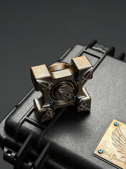 Extremely Rare Steel Flame XXXL EDC Spinner with Five Hammered Sterling Silver Shield Inlays