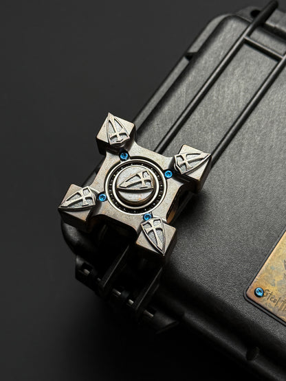 Extremely Rare Steel Flame XXXL EDC Spinner with Five Hammered Sterling Silver Shield Inlays