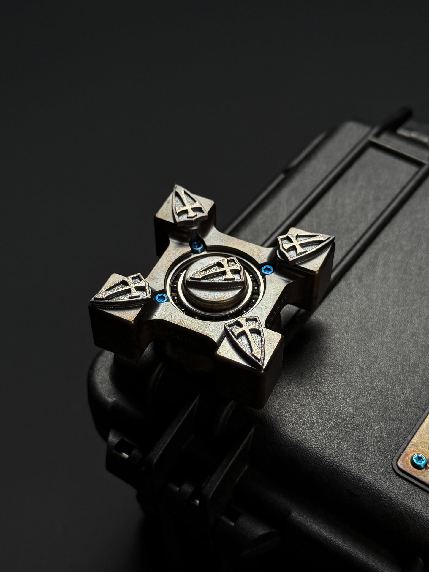 Extremely Rare Steel Flame XXXL EDC Spinner with Five Hammered Sterling Silver Shield Inlays