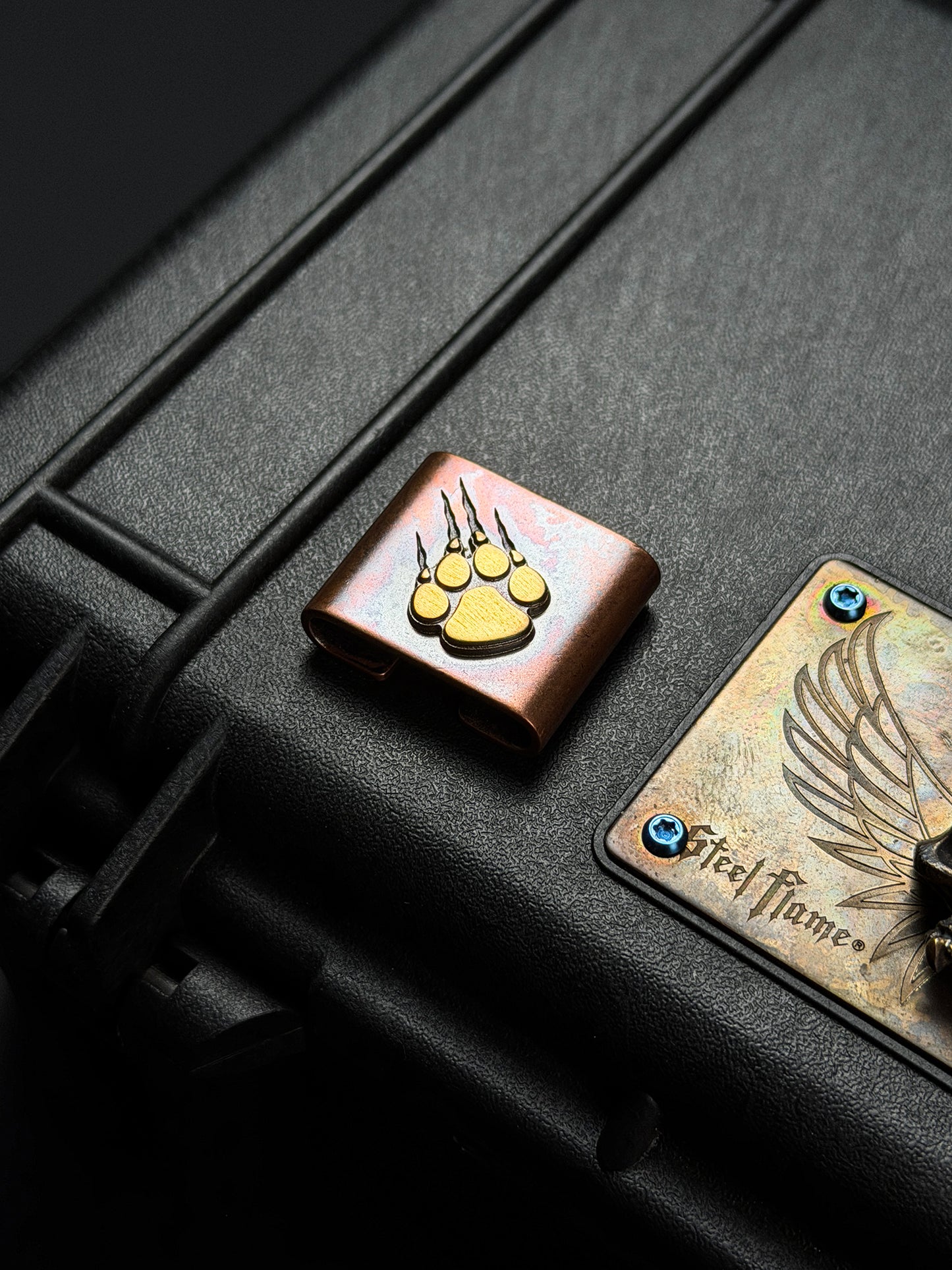 Steel Flame CCKS Show Exclusive Copper MOLLE Clip with Copper Claw Mark Engraving and Bronze Claw Inlay