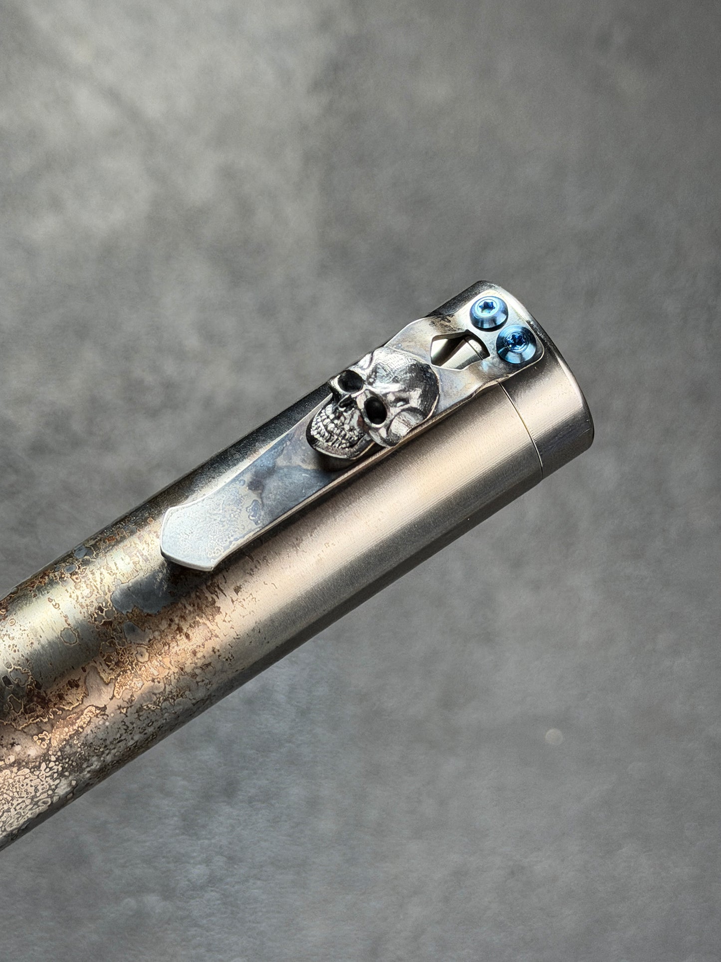 Rare Steel Flame Extended Cigar Tube with Sterling Silver Dark Skull Clip