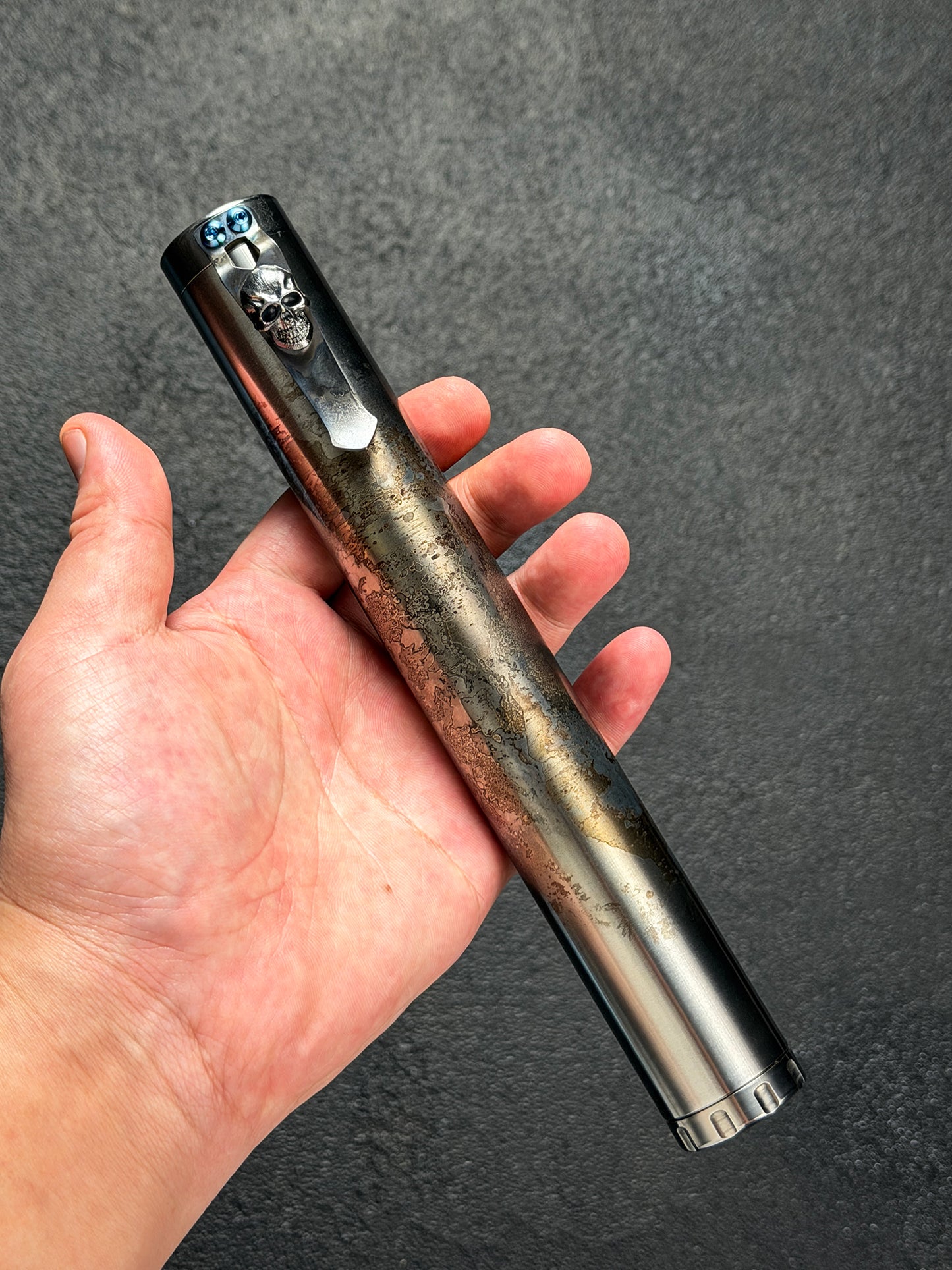 Rare Steel Flame Extended Cigar Tube with Sterling Silver Dark Skull Clip