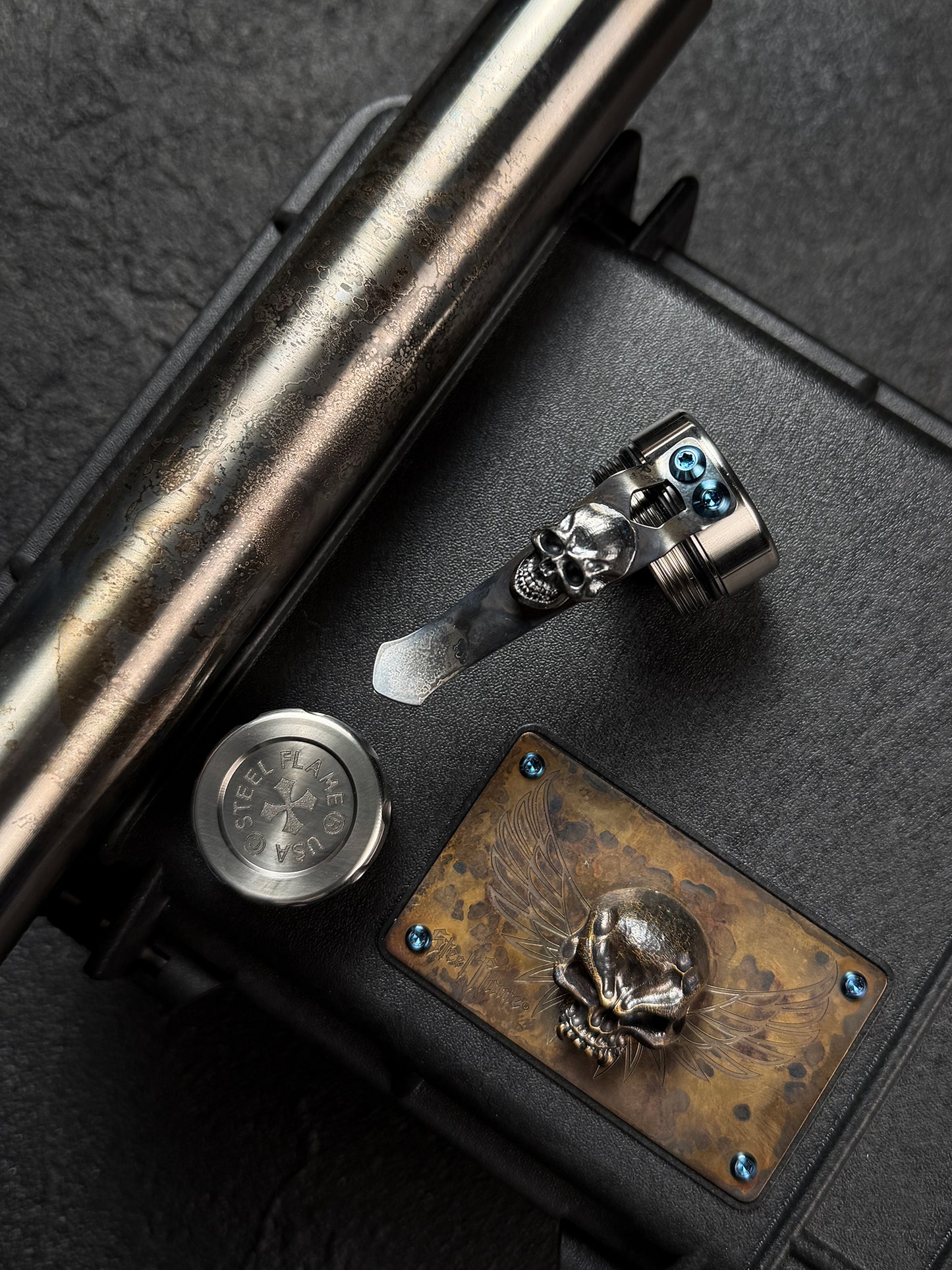 Rare Steel Flame Extended Cigar Tube with Sterling Silver Dark Skull Clip