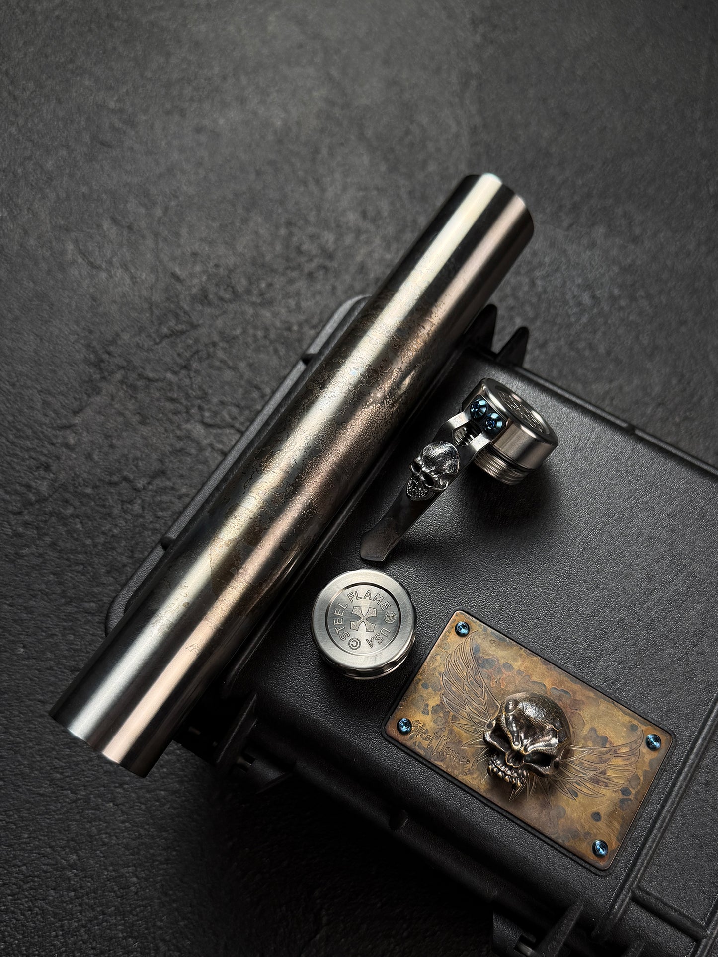 Rare Steel Flame Extended Cigar Tube with Sterling Silver Dark Skull Clip