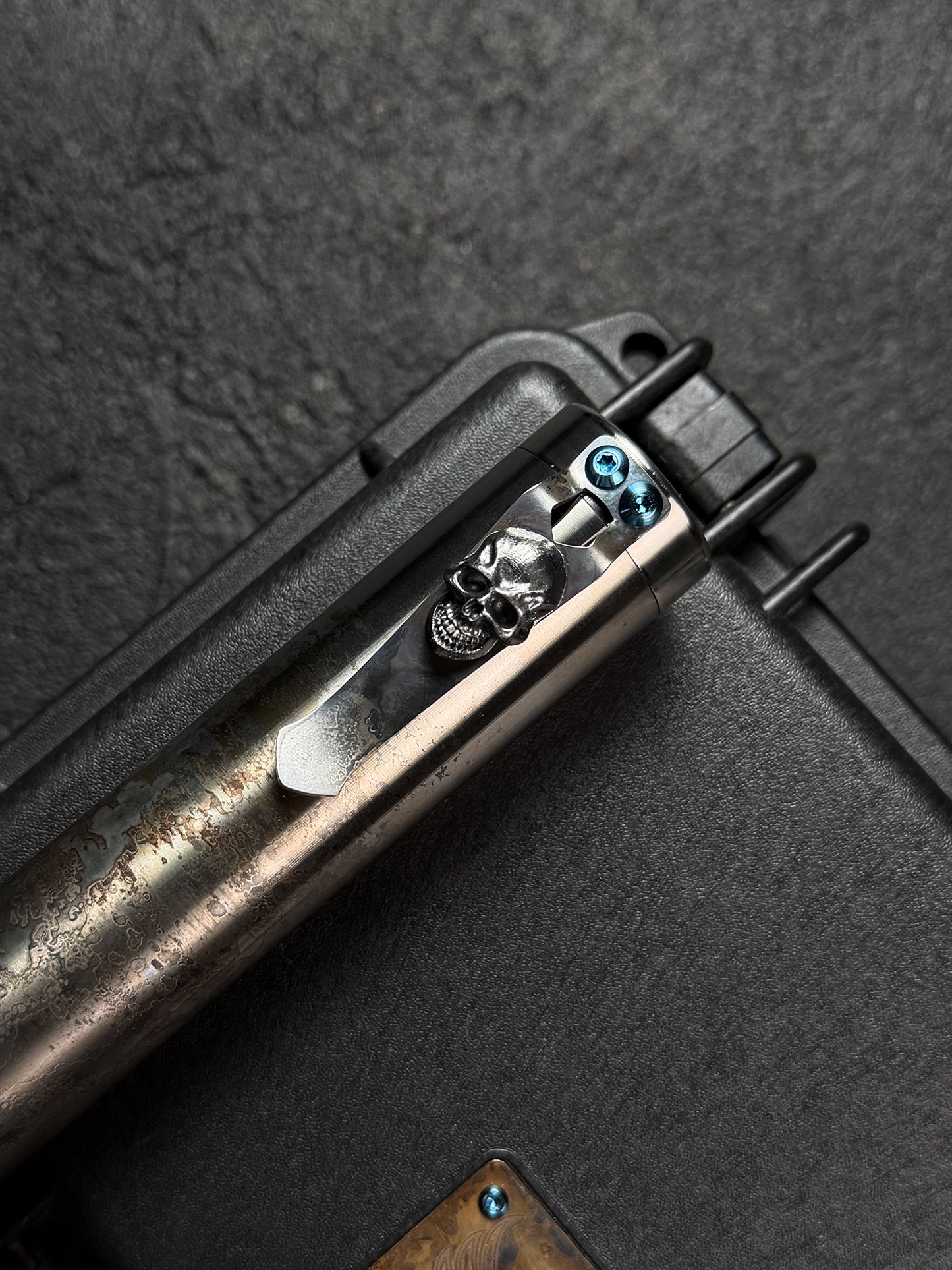 Rare Steel Flame Extended Cigar Tube with Sterling Silver Dark Skull Clip