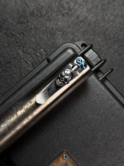 Rare Steel Flame Extended Cigar Tube with Sterling Silver Dark Skull Clip