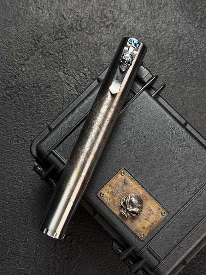 Rare Steel Flame Extended Cigar Tube with Sterling Silver Dark Skull Clip