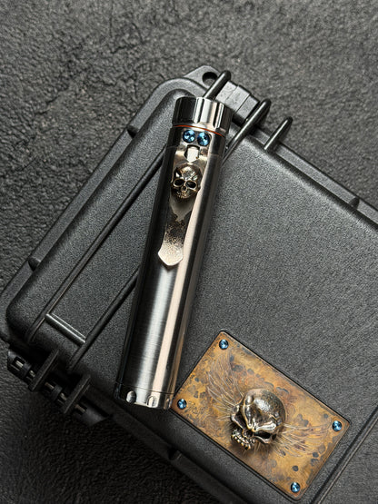 Rare Steel Flame Standard Cigar Tube Sealed Capsule with Bronze Warrior Skull Clip