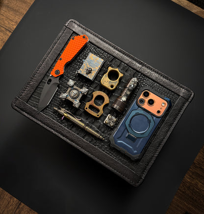 Wtopia Handmade EDC Valet Tray from Japan Crocodile Leather Inlay with Cowhide-Wrapped Construction