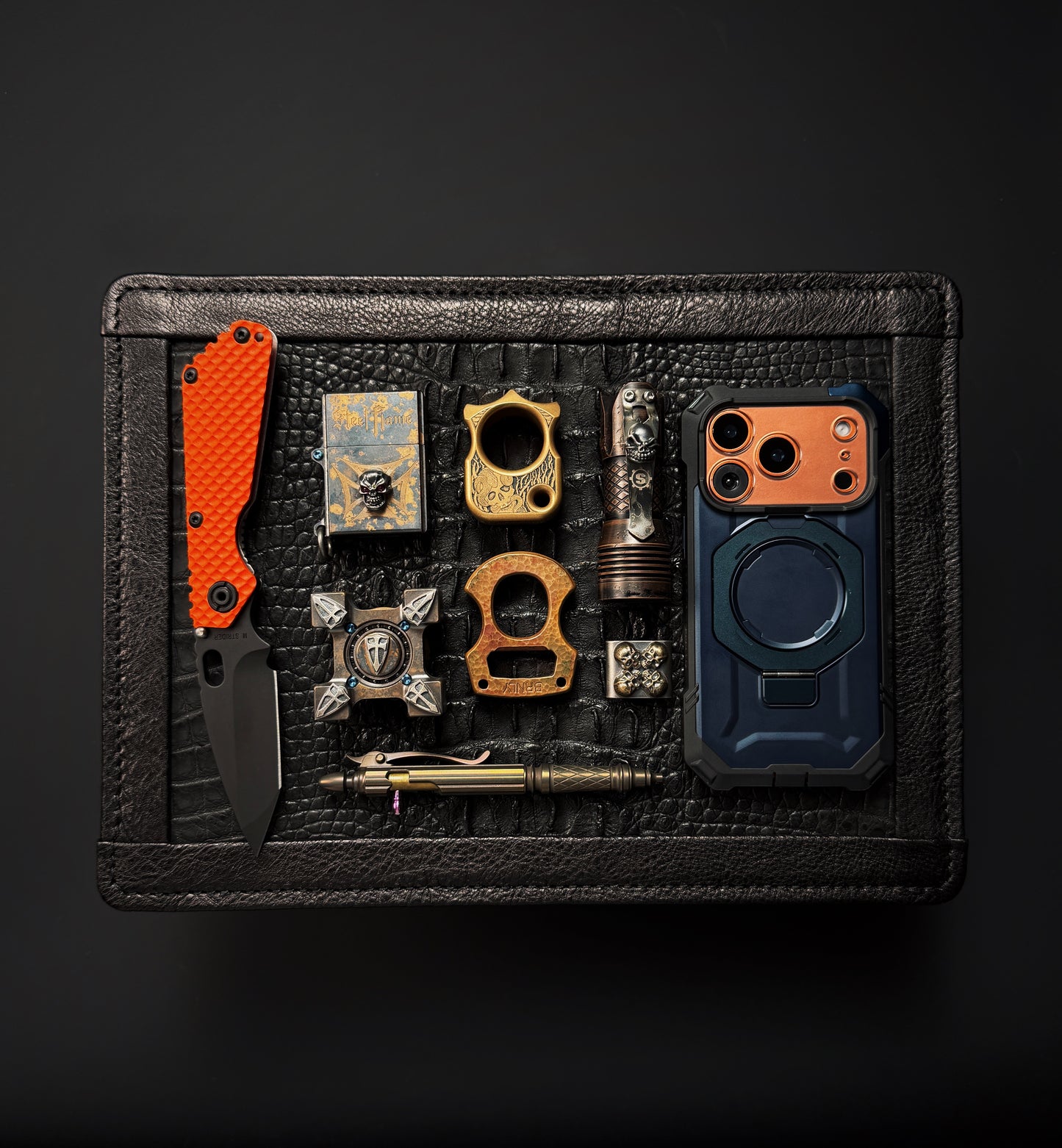 Wtopia Handmade EDC Valet Tray from Japan Crocodile Leather Inlay with Cowhide-Wrapped Construction