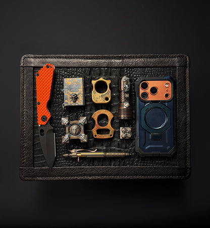 Wtopia Handmade EDC Valet Tray from Japan Crocodile Leather Inlay with Cowhide-Wrapped Construction