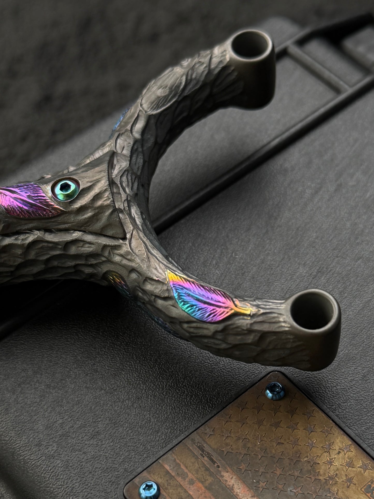 Timber Serpent One-Off Tang Zuo Series Hand-Carved Custom Titanium Slingshot