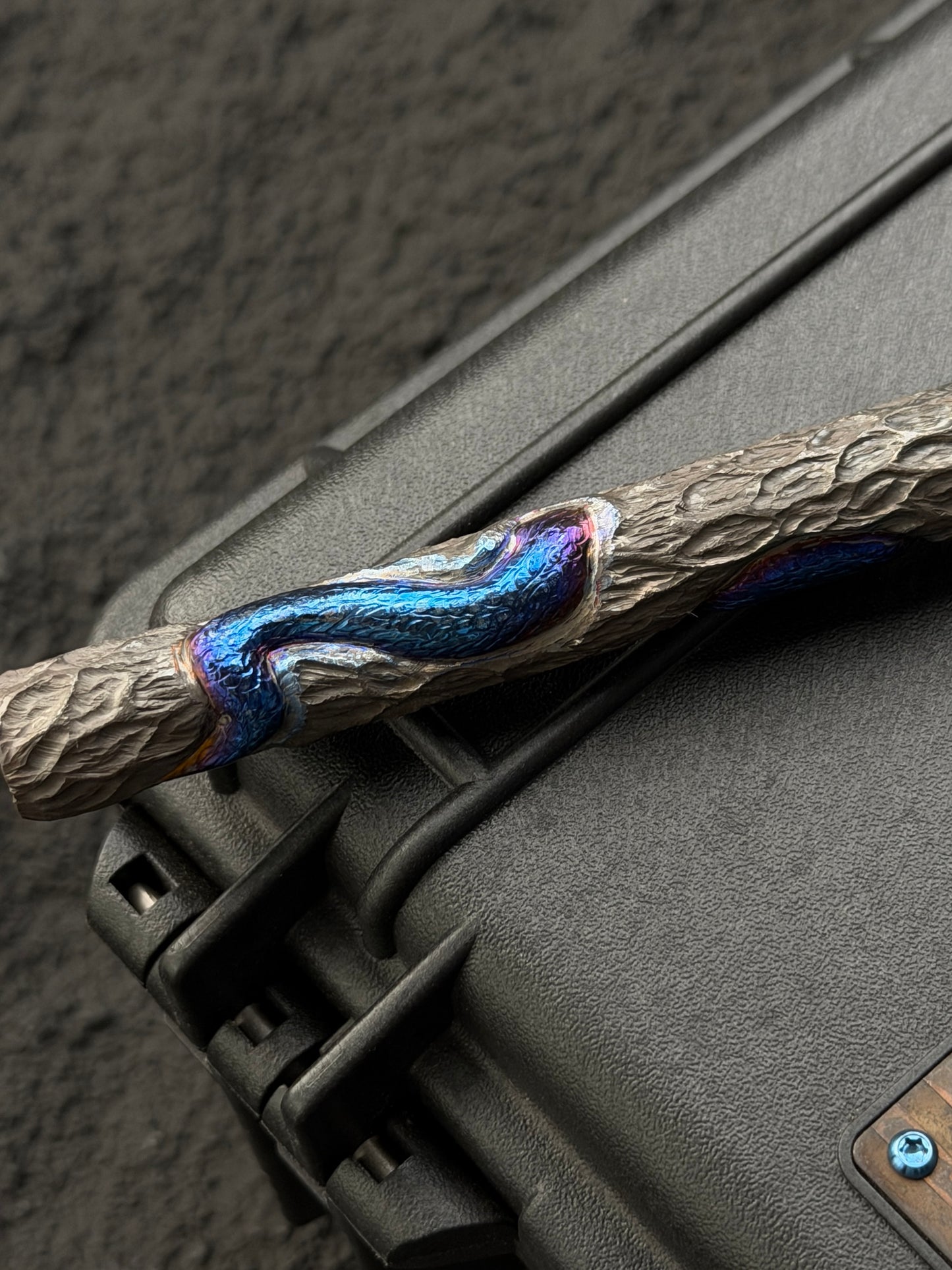 Tang Zuo One-Off  Blue Anodized Hand-Carved Titanium EDC Tactical Kubaton