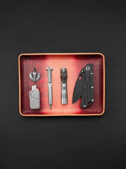 Etsurin Design Rare Leather EDC Handmade Valet Tray – Dark Red Lizard Leather Edition