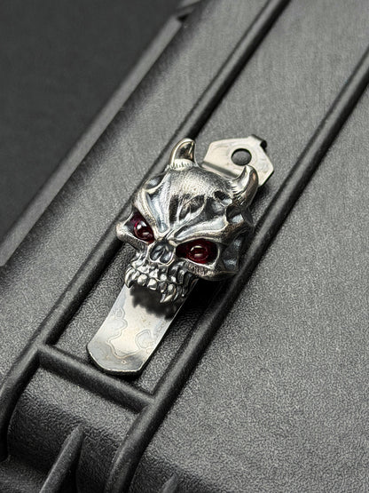 Rare Steel Flame x Starlingear x Strider Knives XL Silver Hannya Warrior Red Eye Pocket Clip