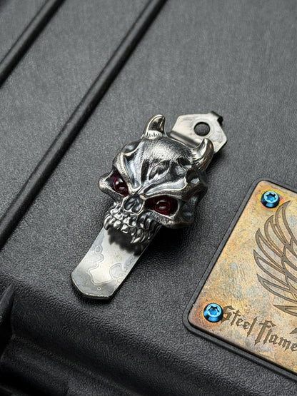 Rare Steel Flame x Starlingear x Strider Knives XL Silver Hannya Warrior Red Eye Pocket Clip