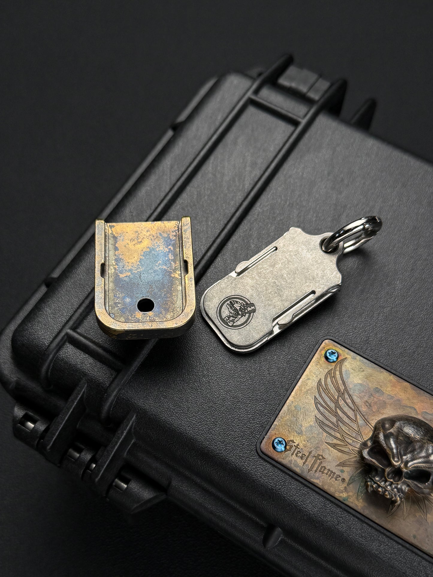 Rare Steel Flame x Classy Raptor Tactical Collaboration Glock Mag Plate XL Hardness Bronze with Titanium Pendant Back Plate