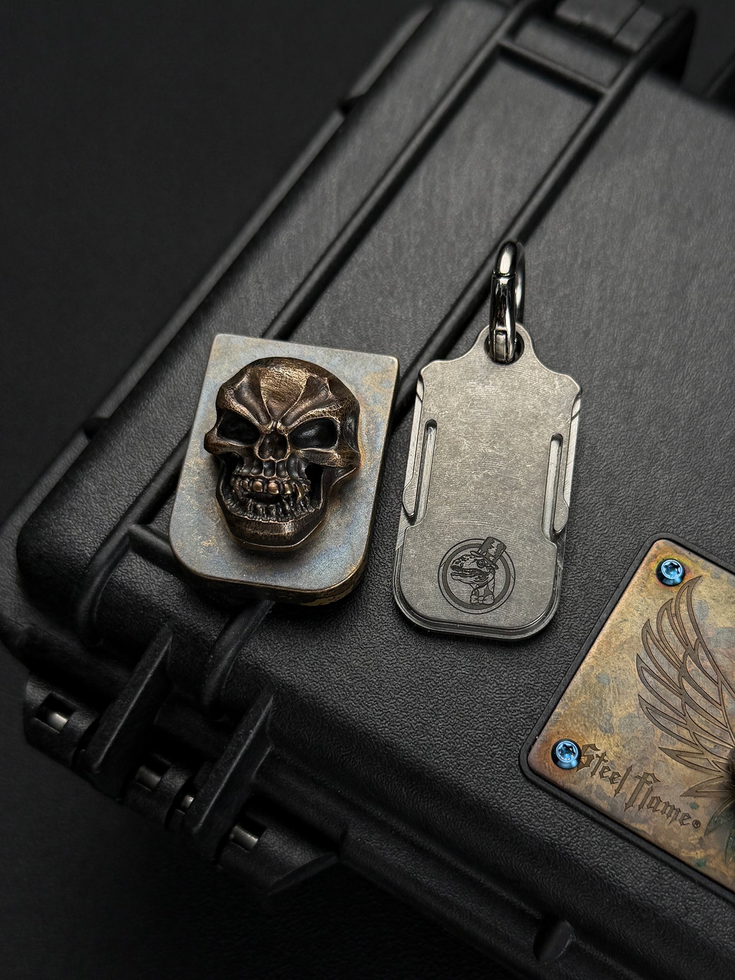 Rare Steel Flame x Classy Raptor Tactical Collaboration Glock Mag Plate XL Hardness Bronze with Titanium Pendant Back Plate