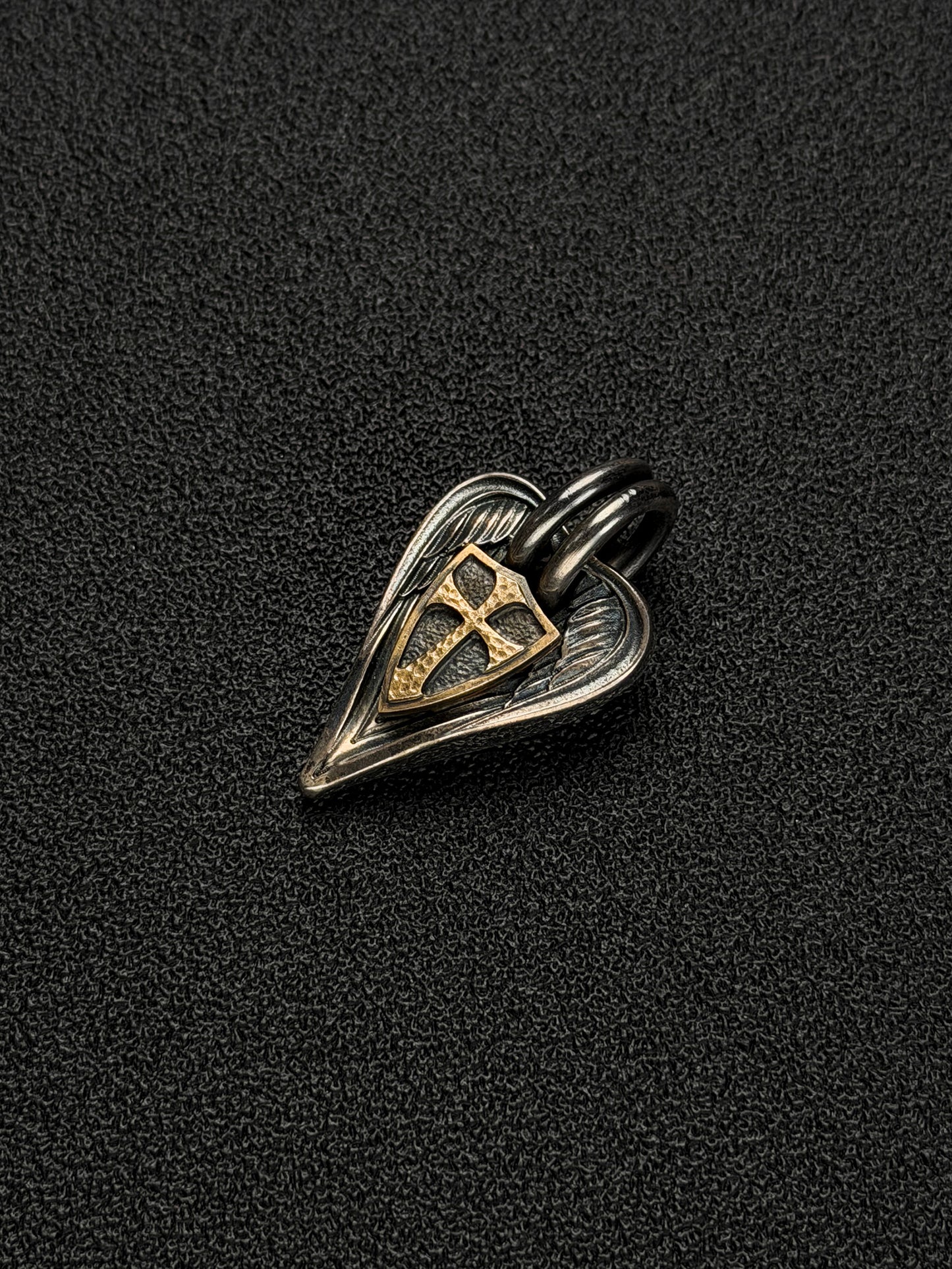 Rare Vintage Steel Flame Guardian Wings Crusader Shield Pendant
