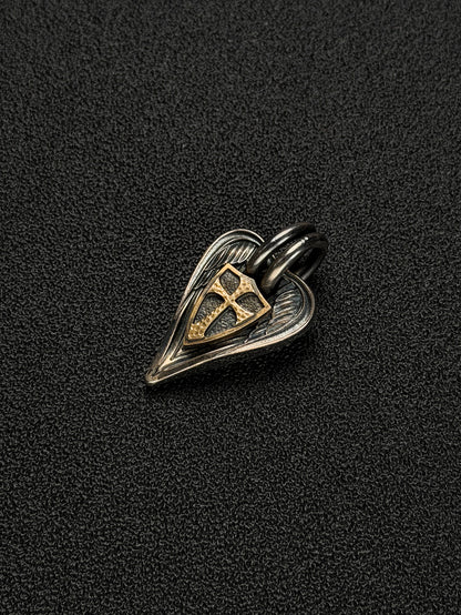 Rare Vintage Steel Flame Guardian Wings Crusader Shield Pendant