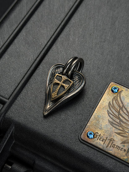 Rare Vintage Steel Flame Guardian Wings Crusader Shield Pendant