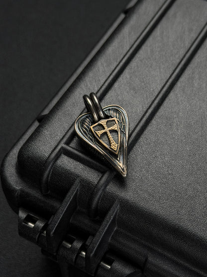 Rare Vintage Steel Flame Guardian Wings Crusader Shield Pendant