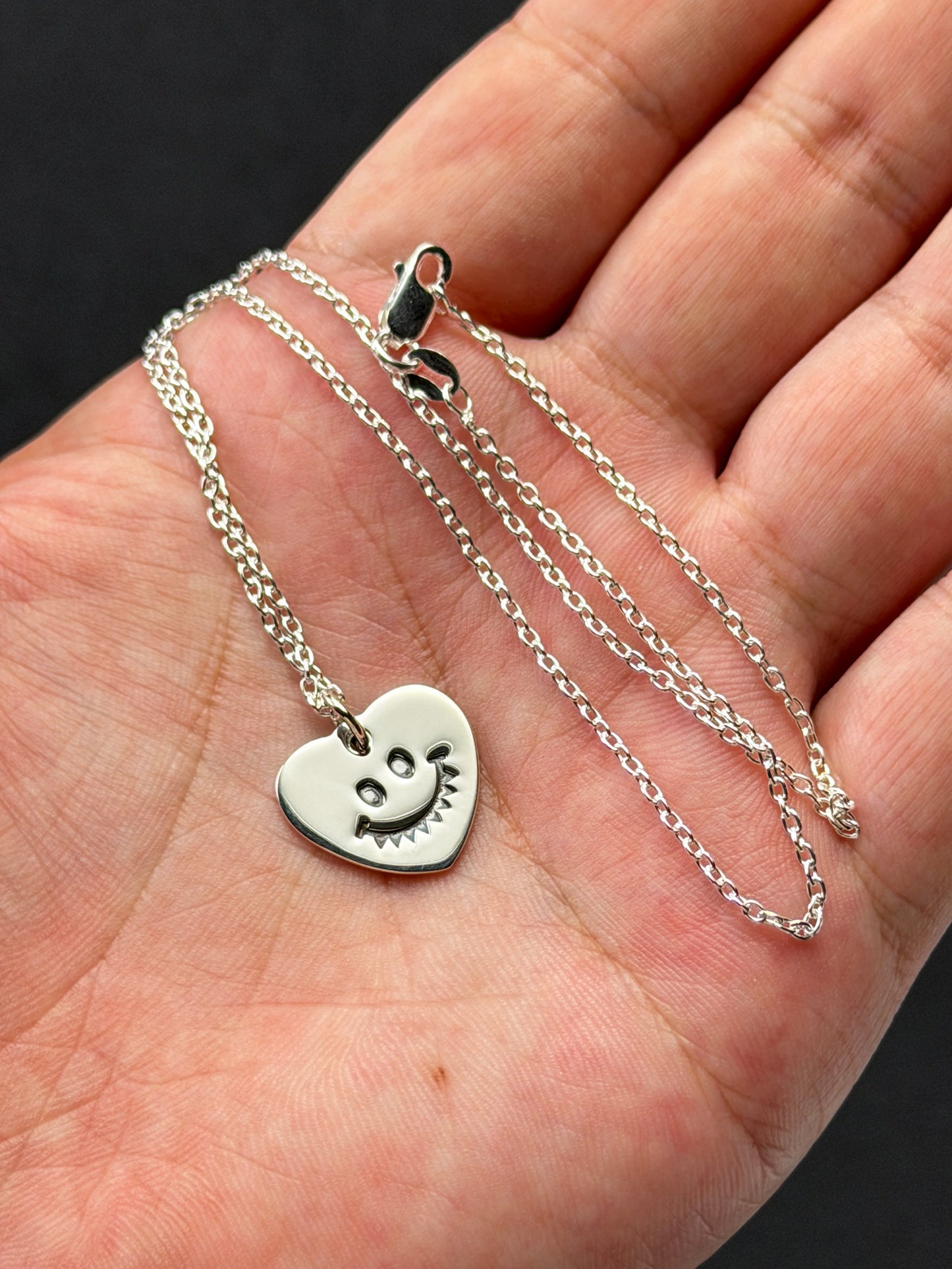 Steel Flame 925 Sterling Silver Smiley Heart Pendant Necklace 16-inch Sterling Silver Chain Made in USA