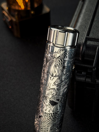 One-Off 黄海龍 手彫り Steel Flame フラスク／シガーチューブ Steel Flame × Starlingear ブロンズSlicksterクリップ付き